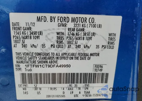 2013 Ford F150 Supercrew from USA, damaged, VIN 1FTFW1CT9DFA49950